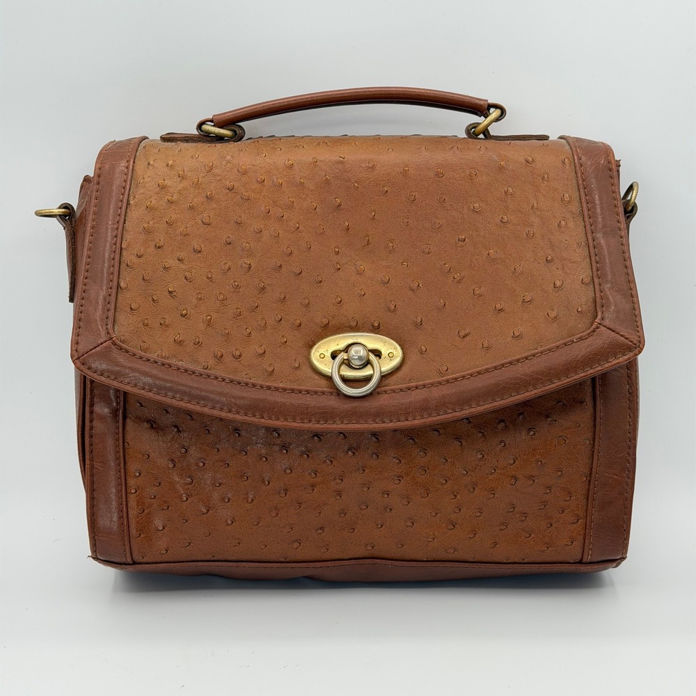 Vintage Carlo Calucci Ostrich Embossed Satchel Bag Brown Turn Lock Flap Brass